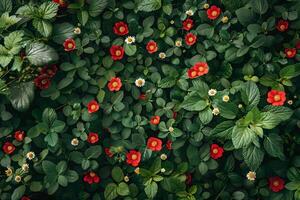 Lush Garden with Red and White Flowers - Ideal for Nature-Themed Wall Art and Print Design Projects photo