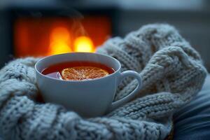 Cozy Winter Setting with Hot Beverage, Knitted Blanket, and Fireplace Ambiance for Seasonal Comfort and Relaxation photo