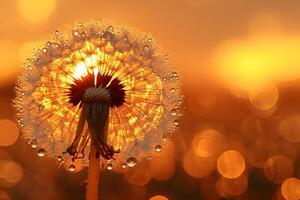 Dandelion with Dewdrops in Golden Hour Backlight, Nature Macro Photography for Posters and Prints photo