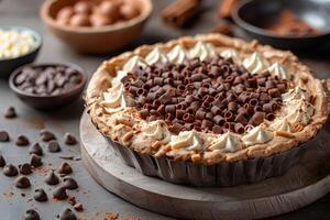 Delicious Homemade Chocolate Cream Pie with Whipped Cream Decoration for Dessert Lovers photo