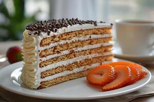 Decadent Layered Vanilla Cake with Whipped Cream Frosting and Chocolate Chunks, Served with Fresh Strawberries and Coffee photo