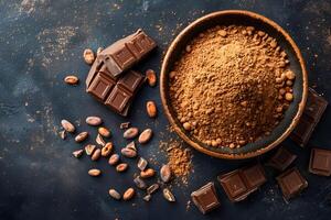 Chocolate and Cocoa Powder with Cocoa Beans on Rustic Dark Background - Ideal for Food Photography and Cooking Concepts photo