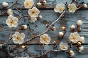 Spring Blossoms on Weathered Wood Background - Nature Art for Decor, Prints, and Posters photo