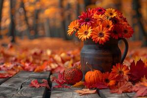 Autumn Flowers Bouquet in Rustic Vase with Pumpkins on Wooden Table in Fall Forest Setting photo
