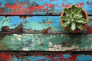 Rustic Wooden Background with Potted Cactus - Ideal for Home Decor, Nature Themes, and Boho Design Projects photo