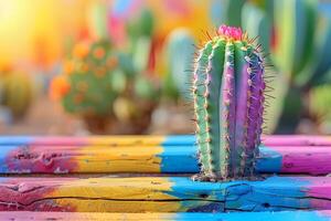 Vibrant Colorful Cactus in Artistic Desert Setting - Perfect for Nature Enthusiasts' Wall Art and Home Decor photo
