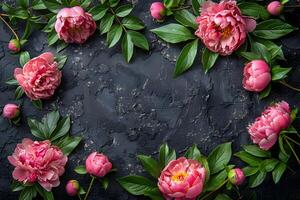 Elegant Pink Peonies and Lush Greenery on Dark Textured Background Floral Design for Posters, Cards, and Decor photo