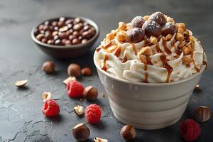 Decadent Dessert with Ice Cream, Whipped Cream, Raspberries, and Hazelnuts for Dessert Menu or Culinary Promotions photo