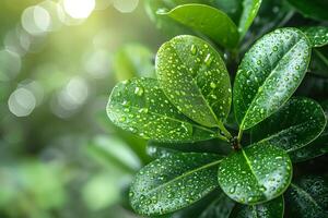 Fresh Green Leaves with Dew Drops in Sunlight - Nature Background for Spring and Summer Design photo