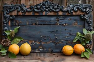 Rustic Wooden Frame with Citrus Fruits and Greenery on Vintage Background for Seasonal Decor and Design photo