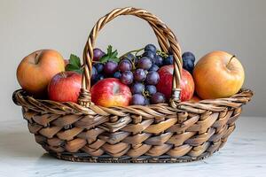 Fresh Fruit Basket with Apples and Grapes for Healthy Eating and Autumn Decor photo