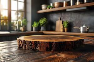 Rustic Wooden Tabletop in Sunlit Modern Kitchen for Culinary Design and Cooking Spaces photo