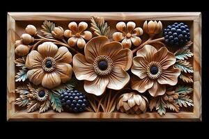 Intricate Wood Carving of Flowers and Berries - Art for Home Decor, Wall Art, and Design Projects photo