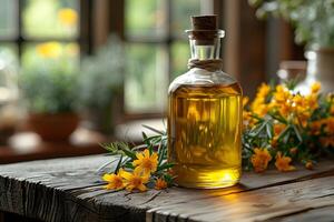 Rustic Kitchen with Herbal Olive Oil Bottle and Fresh Wildflowers Perfect for Natural Living Concepts photo