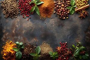 Assorted Colorful Spices and Herbs on Rustic Dark Background for Culinary Design and Food Photography photo