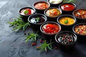 Assorted Gourmet Sauce Selection with Fresh Herbs on Slate Background - Ideal for Culinary Creations, Food Blogs, and Menu Designs photo