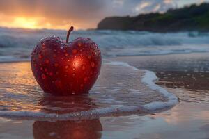Conceptual Seaside Still Life with Red Apple Nature, Tranquility, and Reflection Ideal for Posters, Print Design, and Inspirational Projects photo