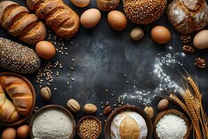 Assortment of Freshly Baked Bread and Baking Ingredients on Rustic Dark Background - Perfect for Culinary Blogs and Recipe Books photo