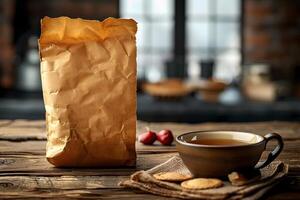 Rustic Morning Scene with Paper Bag and Cup of Tea in Cozy Kitchen Setting - Perfect for Breakfast-Themed Designs photo