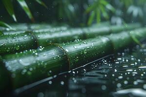 Fresh Green Bamboo Stalks with Dew Drops - Nature's Serenity and Tranquility Concept photo