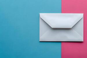 Minimalist White Envelope on Split Pink and Blue Background - Ideal for Invitations, Announcements, and Correspondence photo