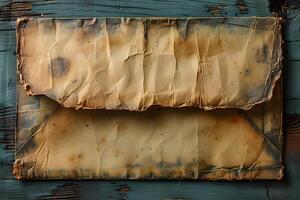 Vintage Weathered Envelope on Rustic Wooden Background for Nostalgic Memories and Retro Design photo