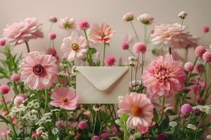 Floral Arrangement with Envelope in Blossoming Pink Garden - Romantic Greeting Card Design photo