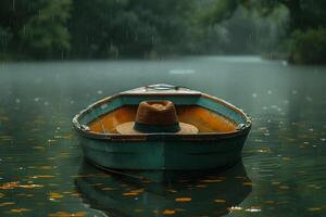 Tranquil Boat Ride in Rain - Peaceful Nature Scene with Wooden Rowboat on Calm Waters photo