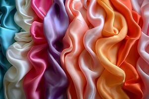 Vibrant Multicolored Silk Fabric Waves in Various Shades for Textile Design and Creative Projects photo