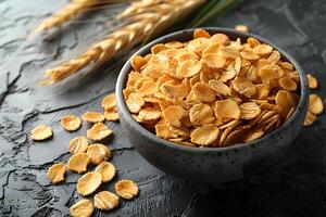 Healthy Breakfast Concept Bowl of Crunchy Oat Flakes on Textured Black Surface for Nutrition and Diet Themes photo