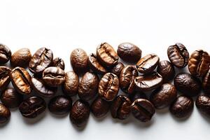 Close-up of Roasted Coffee Beans on White Background for Cafe, Beverage, and Marketing Design photo