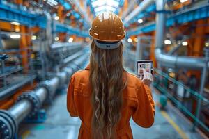 Female Engineer Using Tablet for Monitoring in Advanced Industrial Facility - Technology and Automation Trends photo