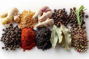Assorted Spices and Herbs Ginger, Bay Leaves, Peppercorns, and More for Culinary Use photo