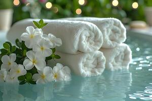 Relaxing Spa Scene with White Towels and Frangipani Flowers by the Pool for Wellness and Tranquility photo