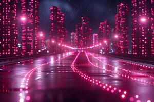 Futuristic Neon Cityscape with Vibrant Pink Lights and Wet Streets - Ideal for Cyberpunk-themed Designs photo