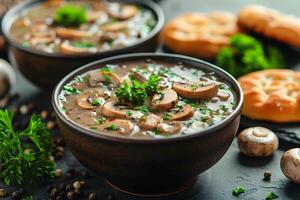 Hearty Mushroom Soup in Rustic Bowls with Fresh Herbs and Bread - Perfect for Comfort Food Recipes photo