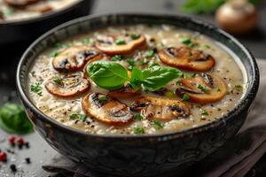 Creamy Mushroom Risotto with Fresh Herbs in a Dark Ceramic Bowl Ideal for Culinary and Food Photography photo