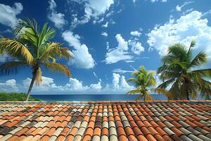 Tropical Paradise Beach Scene with Palm Trees and Terracotta Roof Overlooking Ocean Horizon photo
