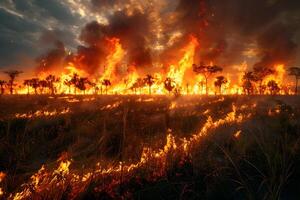 Wildfire in Forest at Dusk Natural Disaster, Environmental Crisis, and Climate Change Impact photo