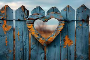 Rustic Blue Wooden Fence with Heart-Shaped Cutout - Perfect for Valentine s Day Decor, Rustic Designs, and Creative Projects photo