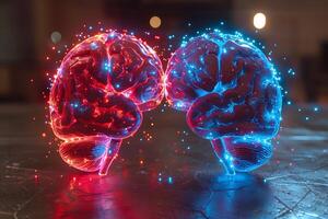 Human Brain Connection Concept with Red and Blue Neural Network Glow - Neuroscience, AI, Technology photo