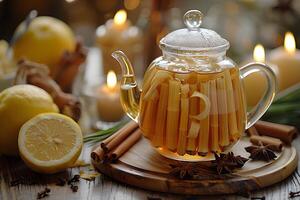 Cozy Autumn Evening with Lemon Ginger Tea and Cinnamon Sticks by Candlelight for Relaxation and Wellness photo