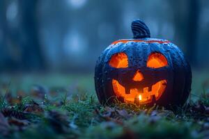 misterioso Víspera de Todos los Santos calabaza Jack-o'-lantern en brumoso bosque para escalofriante otoño diseños foto