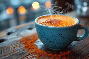 Cozy Hot Beverage in a Speckled Blue Mug on Rustic Wooden Table with Warm Bokeh Lights - Autumn Vibes - Ideal for Blogs, Social Media, and Print photo