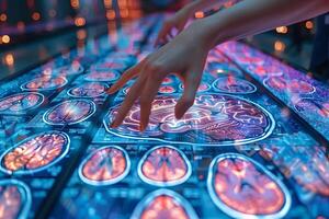 Hands Interacting with Futuristic Neural Interface Display - Concept of Advanced Brain Technology and AI Research photo
