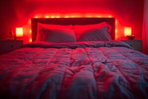 Cozy Bedroom with Red Ambient Lighting for Relaxation and Sleep Design photo