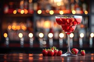 Elegant Strawberry Cocktail with Fresh Strawberries at a Dimly Lit Bar - Perfect for Menu Design, Poster, or Social Media photo