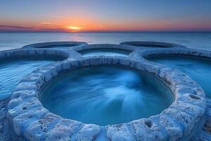 Serene Ocean Sunset with Circular Stone Pools by the Shore - Nature Landscape for Relaxation, Posters, and Wall Art photo