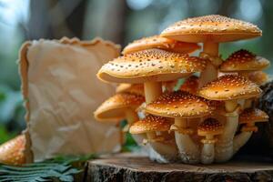 Cluster of Orange Mushrooms on Tree Stump in Forest - Nature and Fungus Concept for Posters, Cards, and Design photo