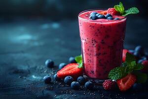 Fresh Berry Smoothie with Strawberries and Blueberries on Dark Background - Perfect for Healthy Living and Food Photography photo